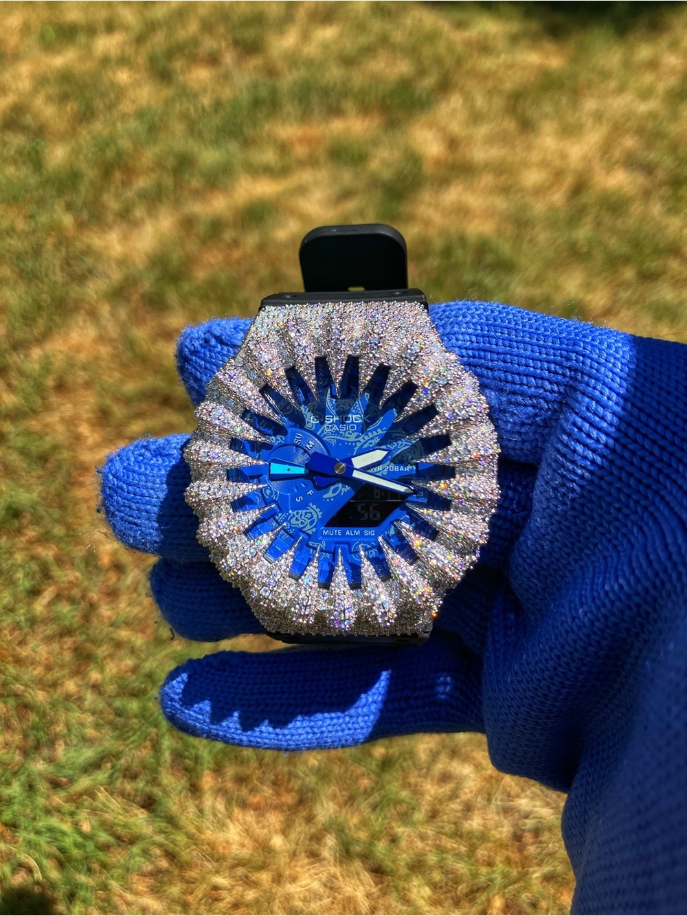 BUSSDOWN Moissanite Custom G Shock Silver with blue pattern colorway